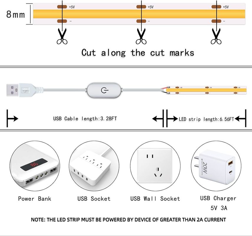 Φώτα 5V USB 6.56ft/2m 640LEDs Αγγίξτε χωρίς βήματα Αμβλύσιμο 6000K Λευκό 13W