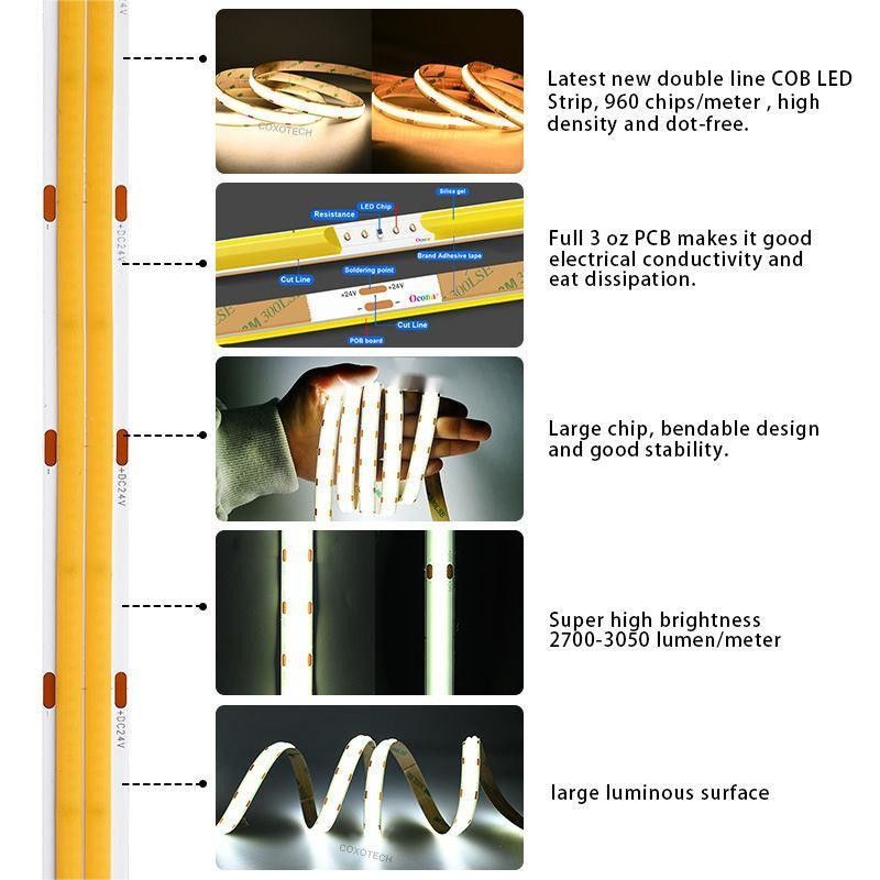 10m/roll Διπλές γραμμές 600leds 12v 24v Ra80 12mm Ευέλικτο COB Led Ευέλικτο φως λωρίδας